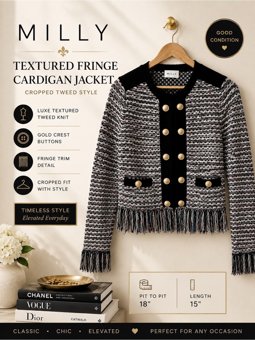 Milly Textured Fringe Cardigan Jacket Cropped Tweed Style Medium